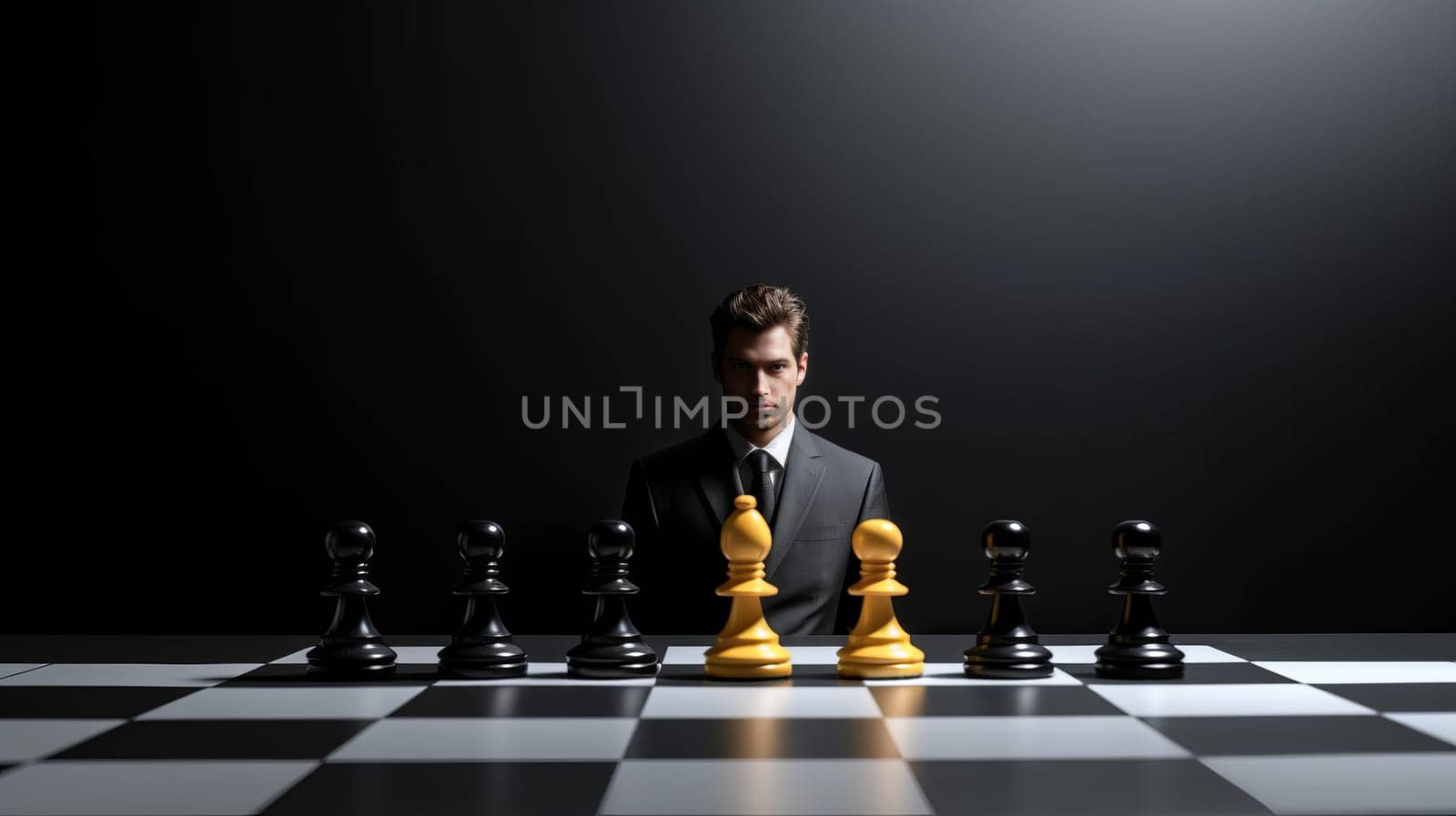 Business strategy concept. Chess with a businessman in suit in the background.
