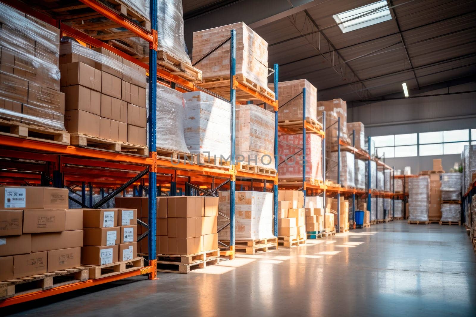 Retail Warehouse full of Shelves with Goods in Cardboard Boxes and Packages. Logistics, Sorting and Distribution Facility for Product Delivery. AI generated