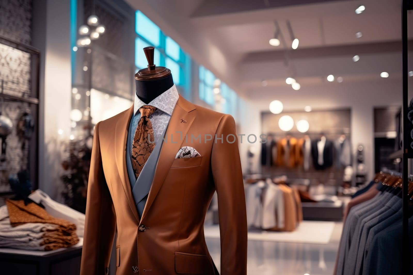 Men luxury clothing shop. Interior of the business suit shop. Men clothing on mannequins in a store. AI generated