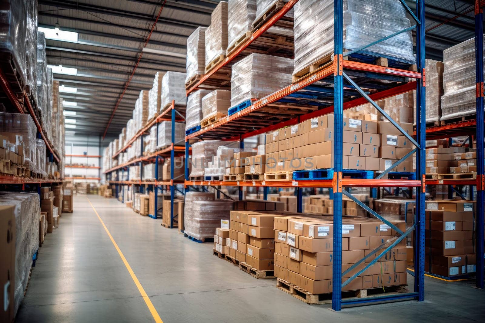 Retail Warehouse full of Shelves with Goods in Cardboard Boxes and Packages. Logistics, Sorting and Distribution Facility for Product Delivery. AI generated