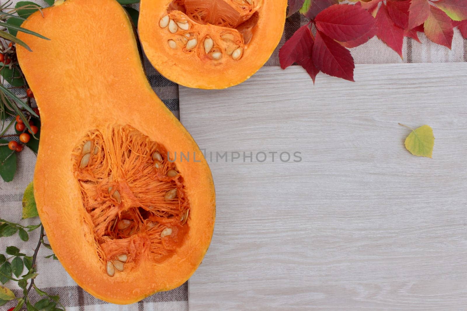 checkered beige autumn background with edible cut pumpkin and crimson yellow leaves.