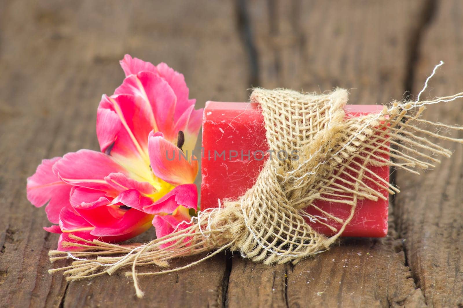 bar of natural soap with tulip flower on wooden background