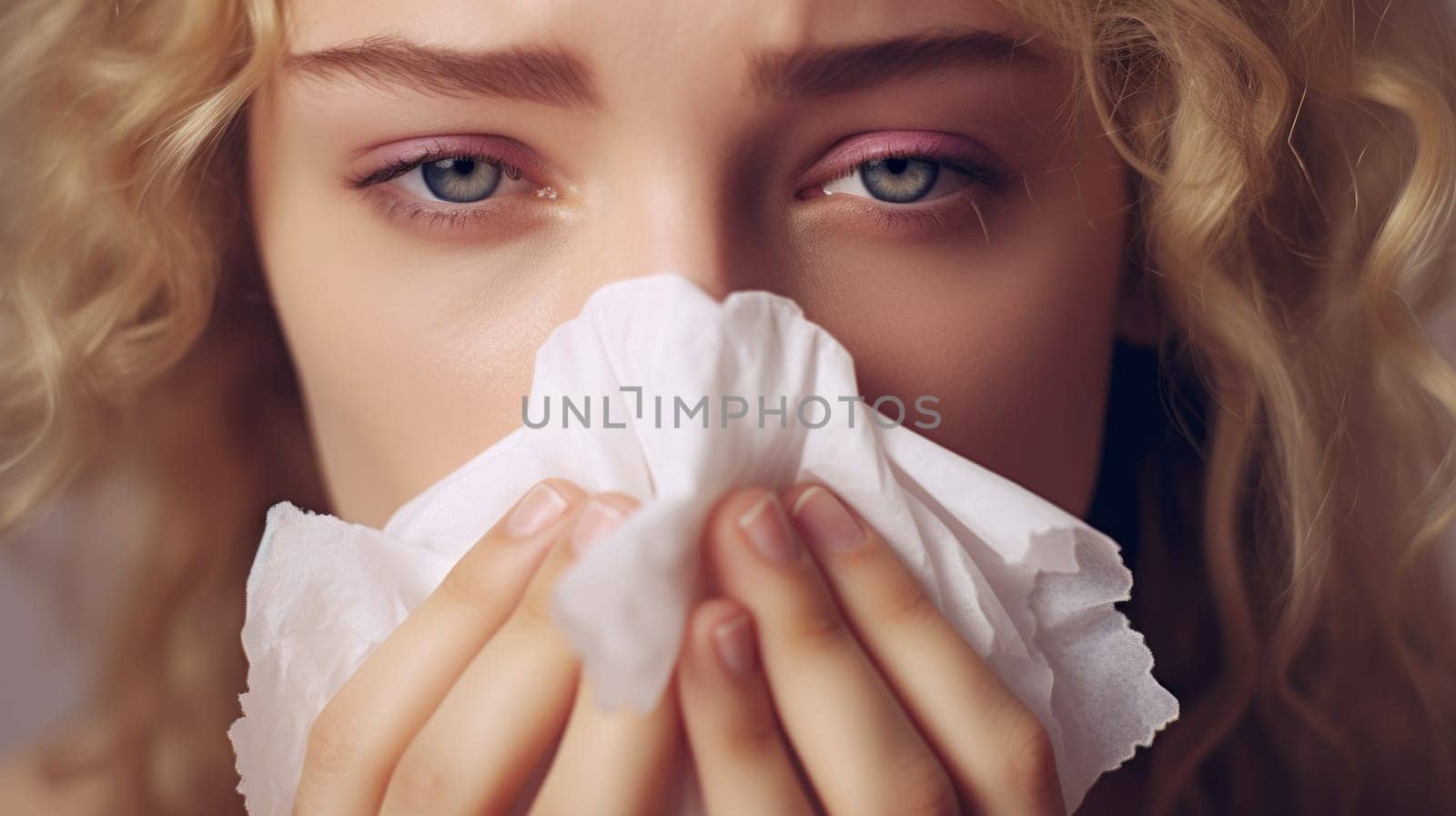 Covering face with tissue. Cold concept photo. Sneezing into tissues.