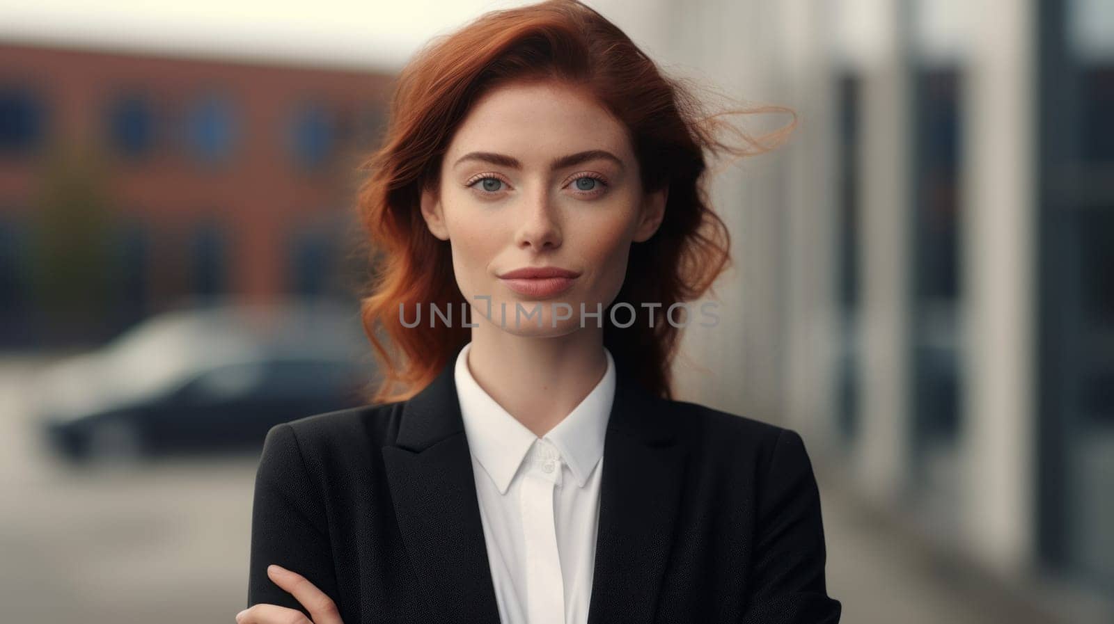 A confident young beautiful businesswoman in black coat or suit is standing near the office building.