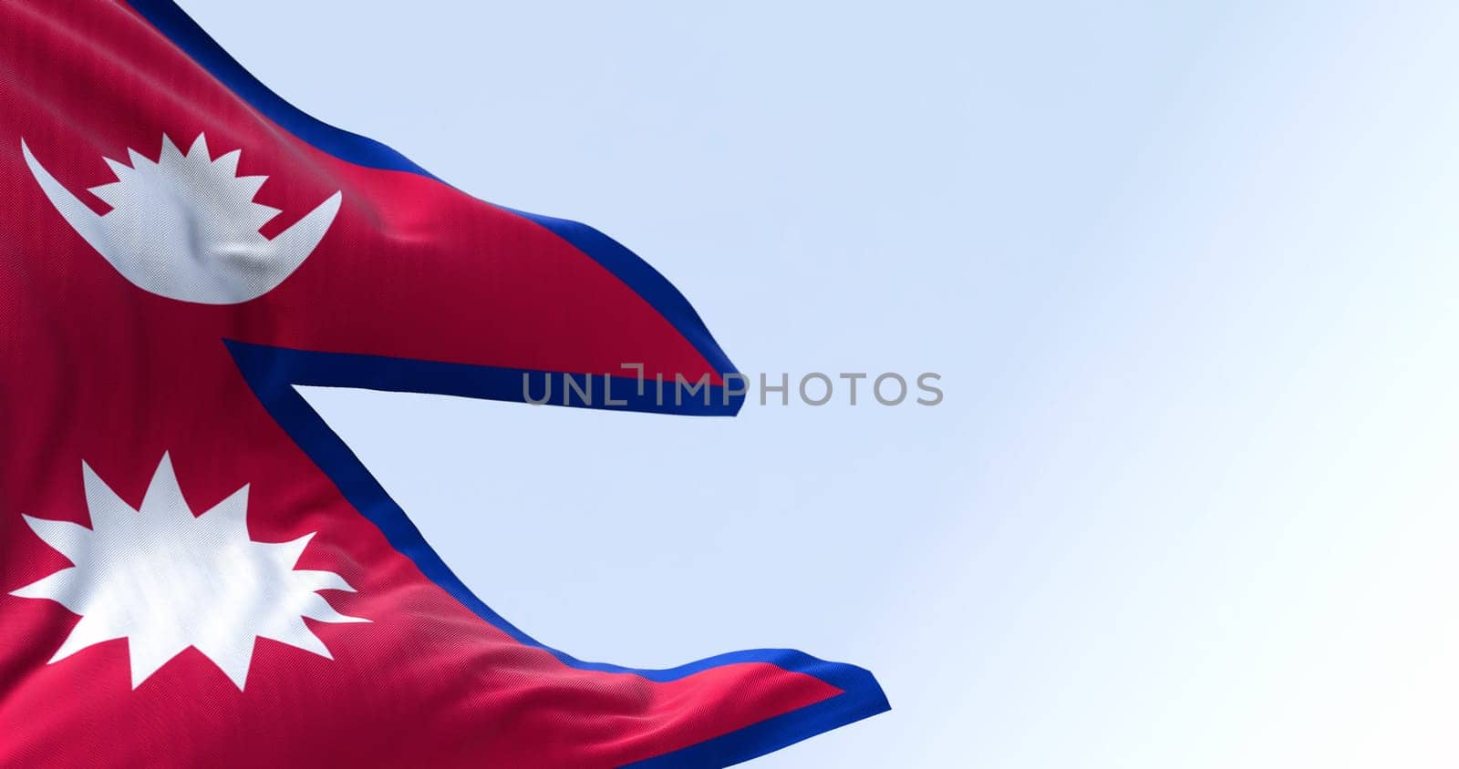 Close-up of Nepal National flag waving in the wind on a clear day. The only Non-quadrilateral national flag in the world. 3d illustration render. Rippling fabric