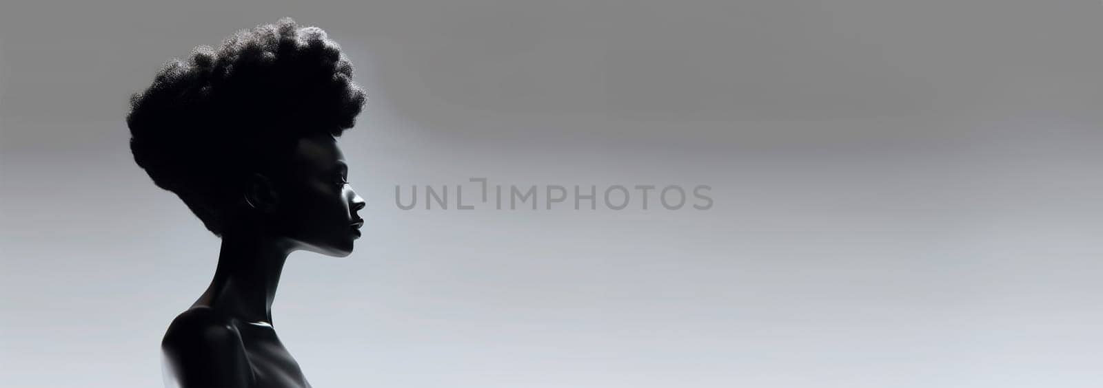 Beautiful portrait of proud African American black woman silhouette with afro curly hair on soft background. Copy space illustration of African American woman profile with afro ponytail hairstyle. Space for text