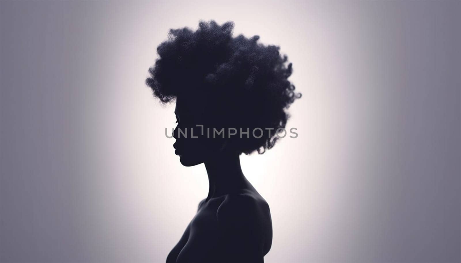 Beautiful portrait of proud African American black woman silhouette with afro curly hair on soft background. Copy space illustration of African American woman profile with afro ponytail hairstyle. Space for text