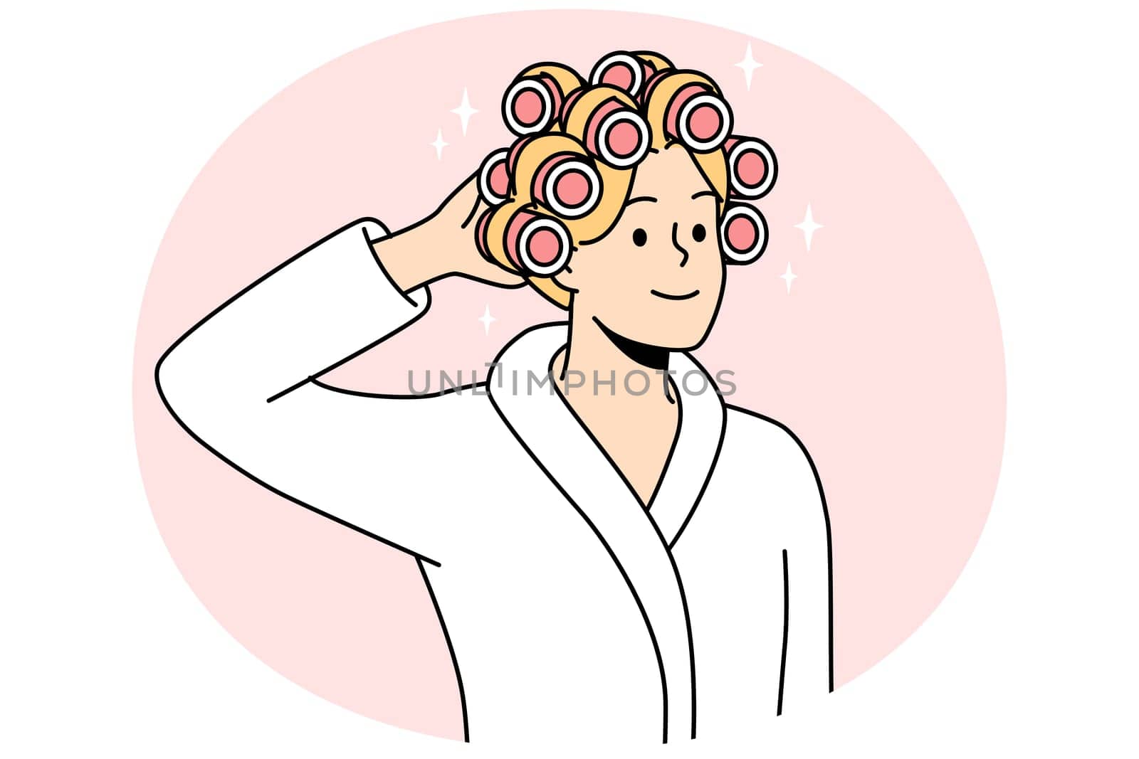 Smiling young woman in bathrobe and curlers on head getting ready. Happy female do beauty procedures at home. Vector illustration.