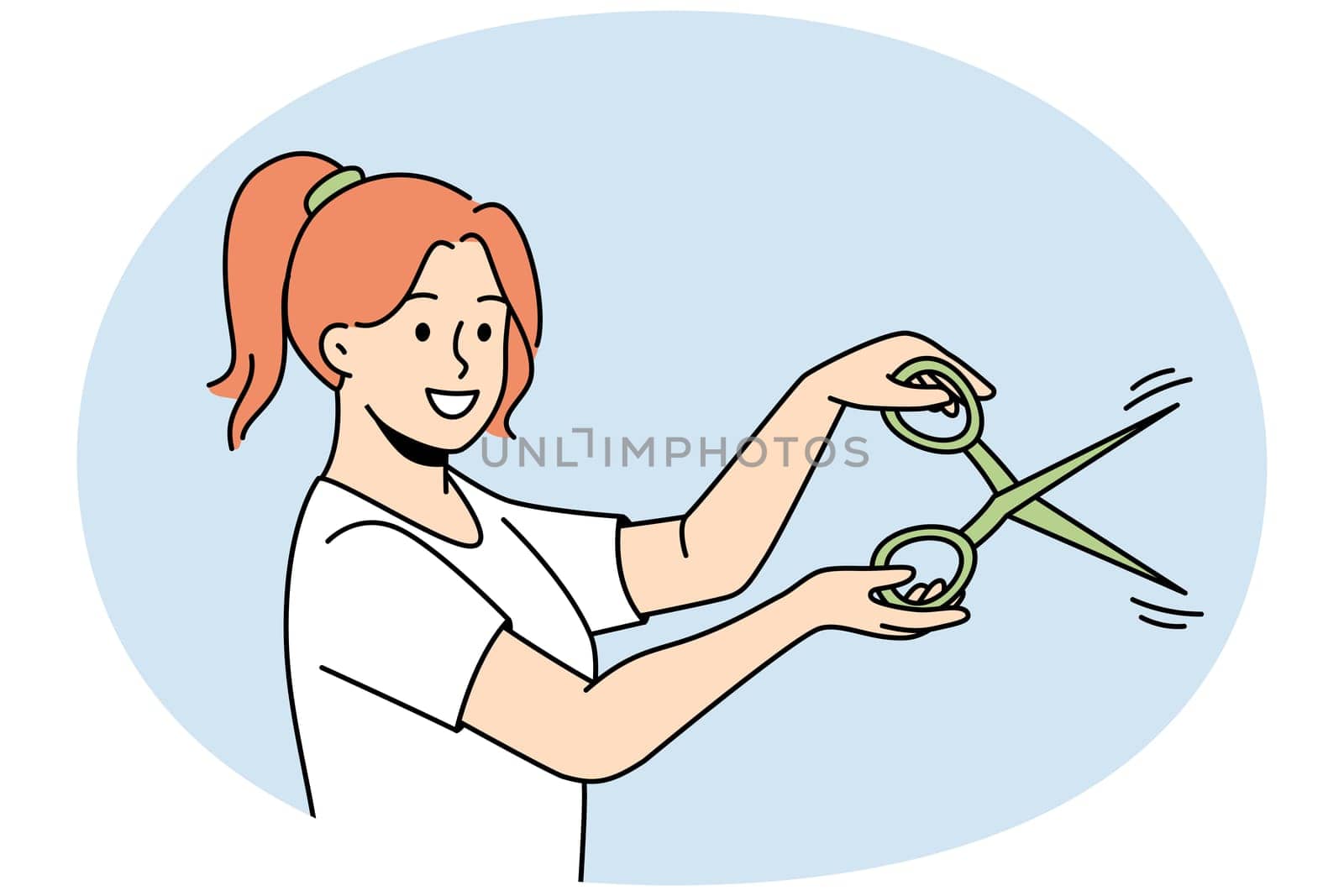 Smiling woman holding scissors in hands cutting. Happy millennial girl with cutters. Vector illustration.