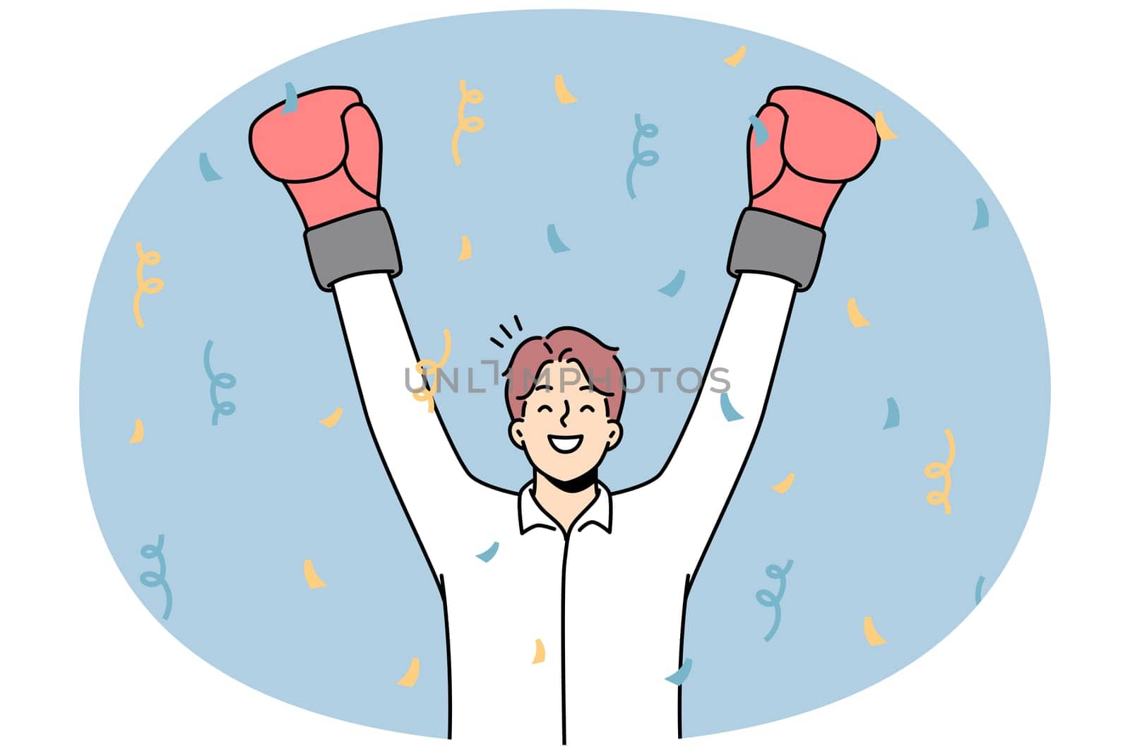 Overjoyed businessman in boxing gloves celebrate business success or win. Smiling male employee or worker triumph with victory. Vector illustration.
