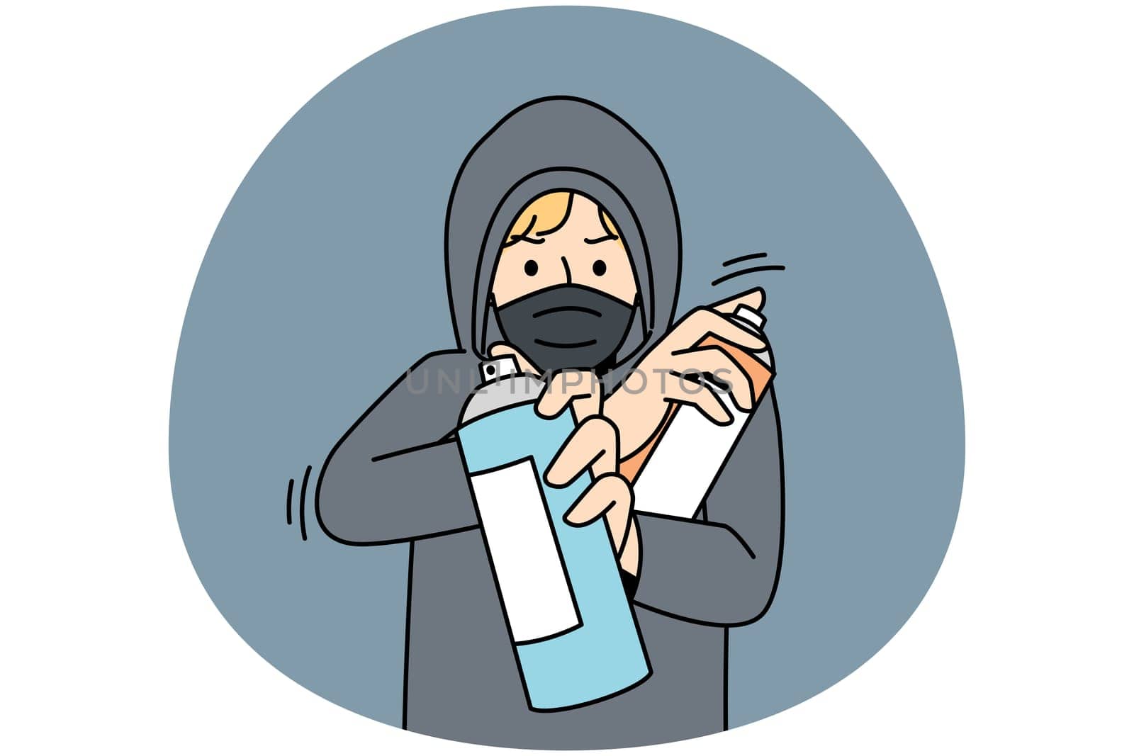Young man in hood and face mask spraying with paint outdoors. Guy in hoodie painting graffiti with sprays outside. Hooligan activity. Vector illustration.