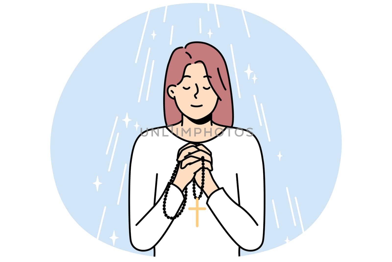 Young woman with rosary in hands praying. Religious superstitious girl with beads talk to God ask about good fate. Religion and faith. Vector illustration.