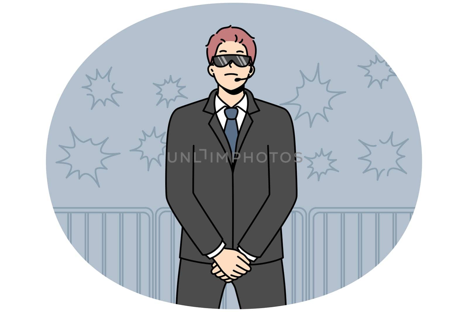 Male security in black suit and sunglasses at concert. Man guard in front of crowd at performance on stage. Vector illustration.