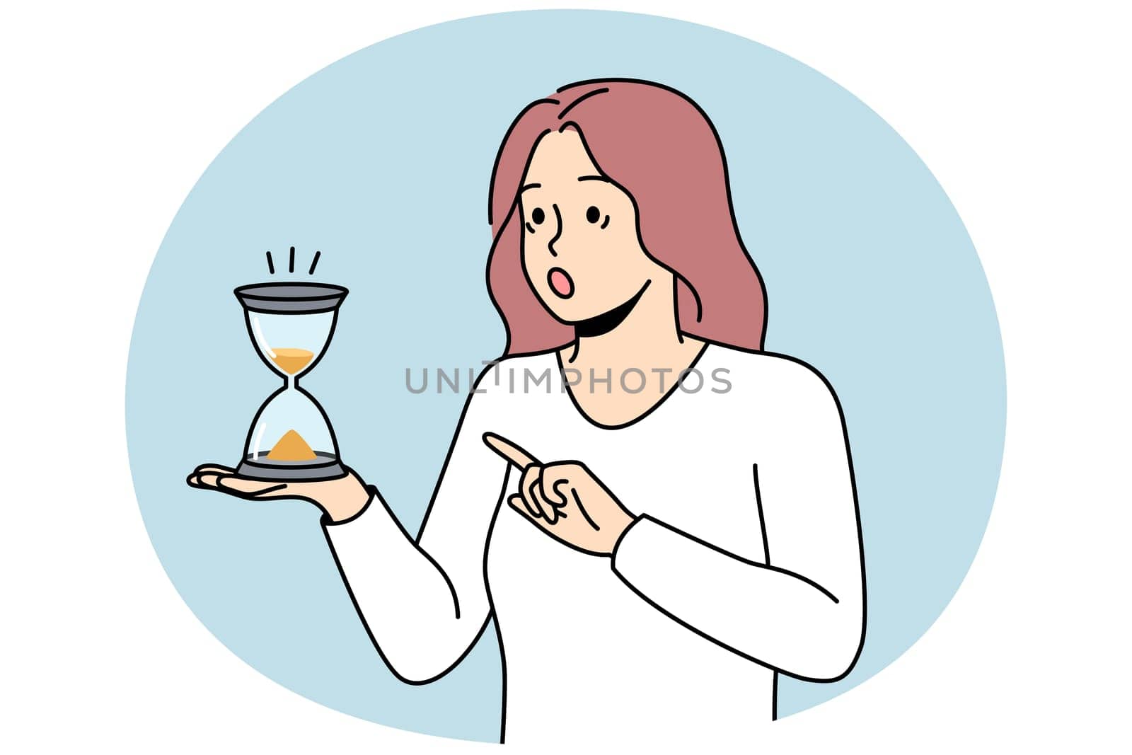 Astonished woman look at hourglass surprised with time passing. Amazed girl hold sand clock in hands feel frustrated with deadline. Vector illustration.