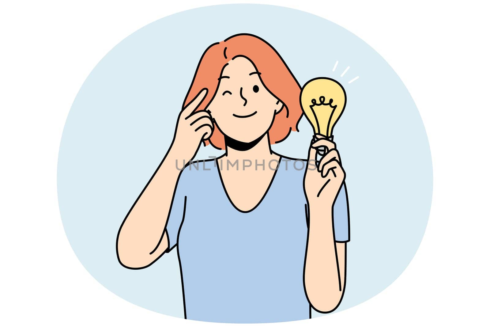Smiling young woman with lightbulb in hand develop creative idea. Happy female with light bulb generate business thought or strategy. Innovation concept. Vector illustration.