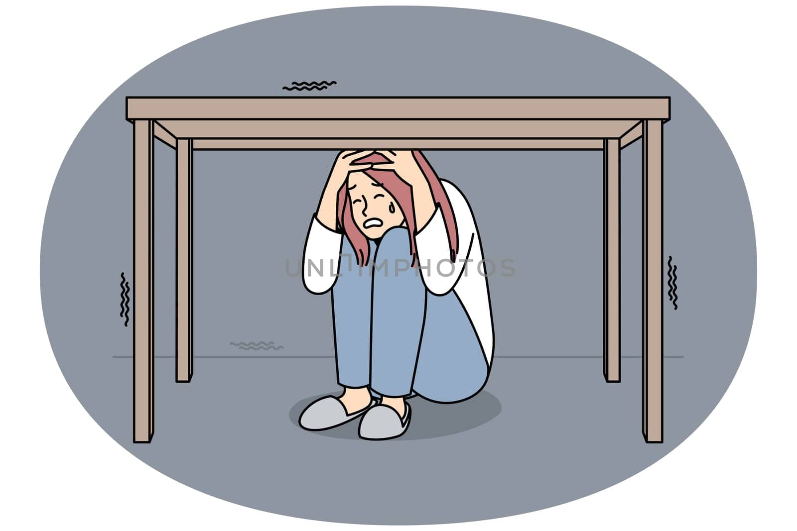 Unhappy woman feel scared and terrifies hide under table. Stressed female cry suffer from fear and panic attack. Vector illustration.
