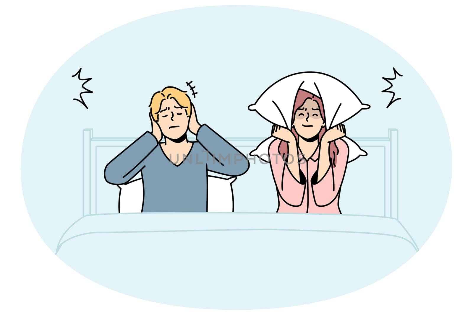 Unhappy couple in bed suffer from excessive noise unable to sleep. Upset distressed man and woman struggle with noisy neighbors. Vector illustration.