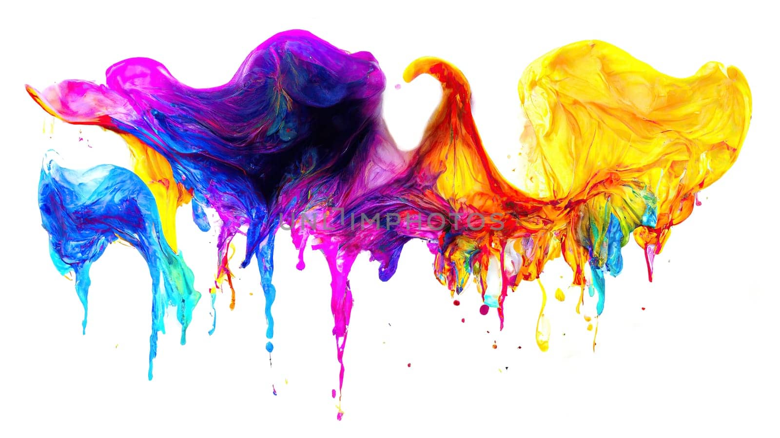 Colorful wet paint splashes on wall dripping down in horizontal banner on bright background. Artificial Art.