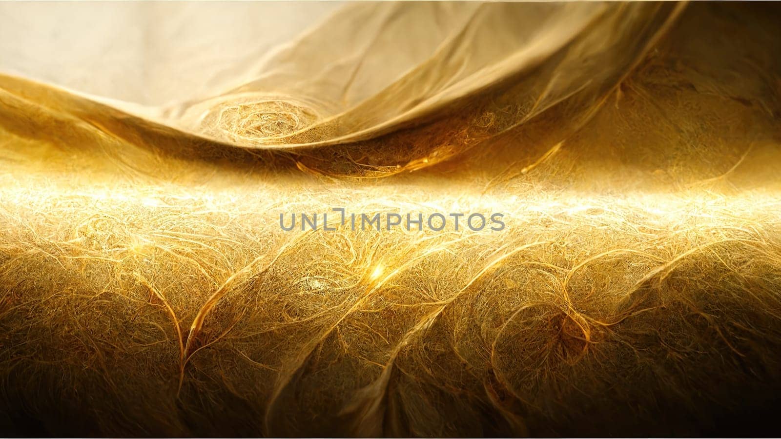 Abstract art fluid golden waves background full frame with bright lightning. Artificial Art.