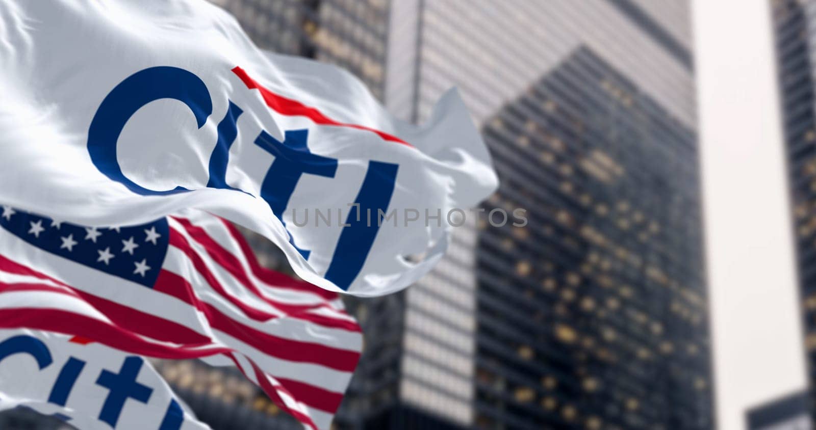 New York, US, Nov. 3 2023: Citi and American flags waving in the wind in a financial district. Citi is an international financial services institution. Illustrative editorial 3d illustration render