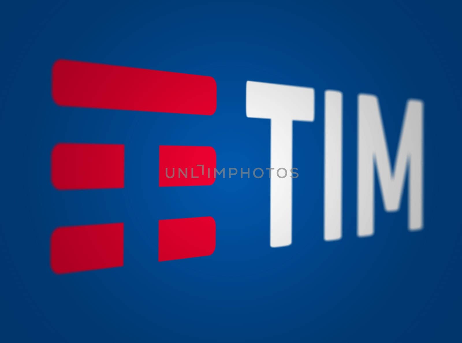 Rome, Italy, Nov. 3 2023: Perspective view of TIM logo on blue background. Italian telecommunications company. Illustrative editorial illustration. Selective focus