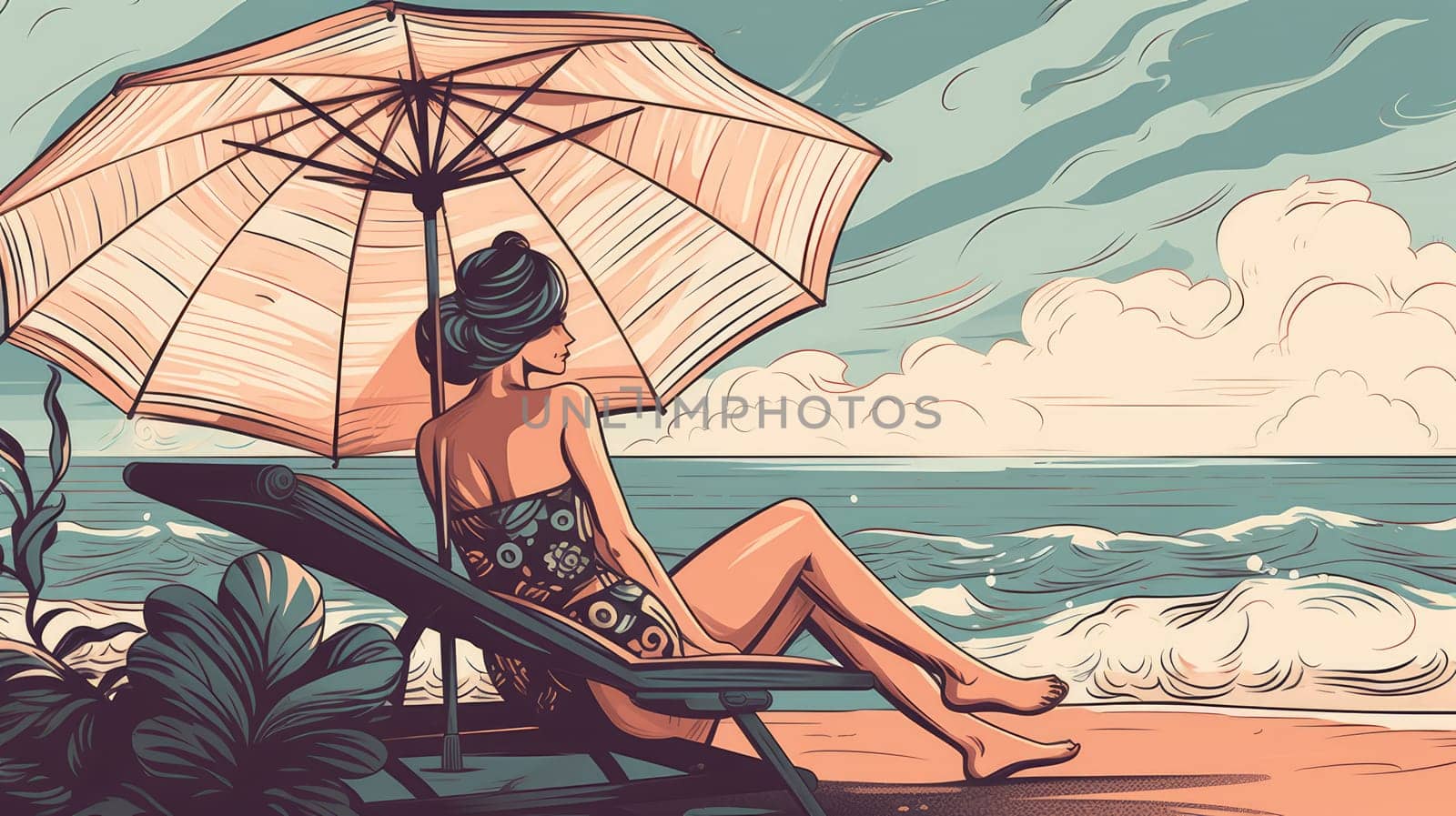Woman on chaise longue on the beach. Generative AI drawing