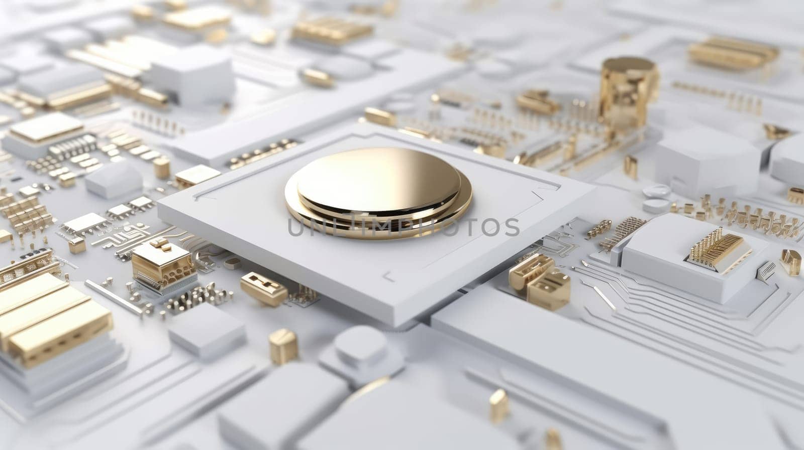 Golden circuit board chip tech background. Generative AI design