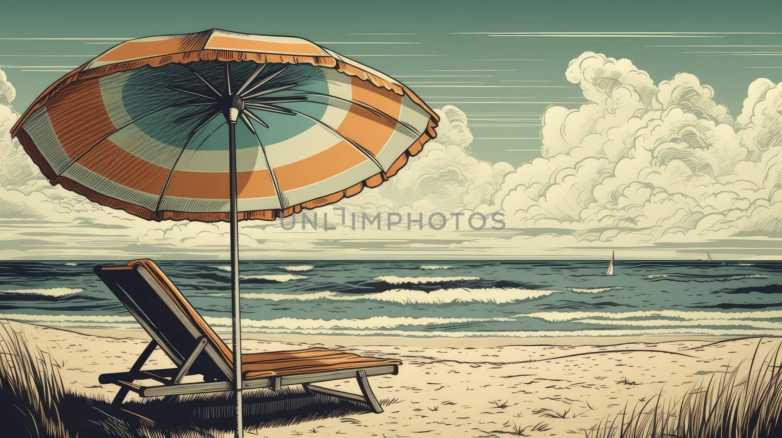 Retro backgroud of chaise longue and beach umbrella on the seashore. Generative AI drawing
