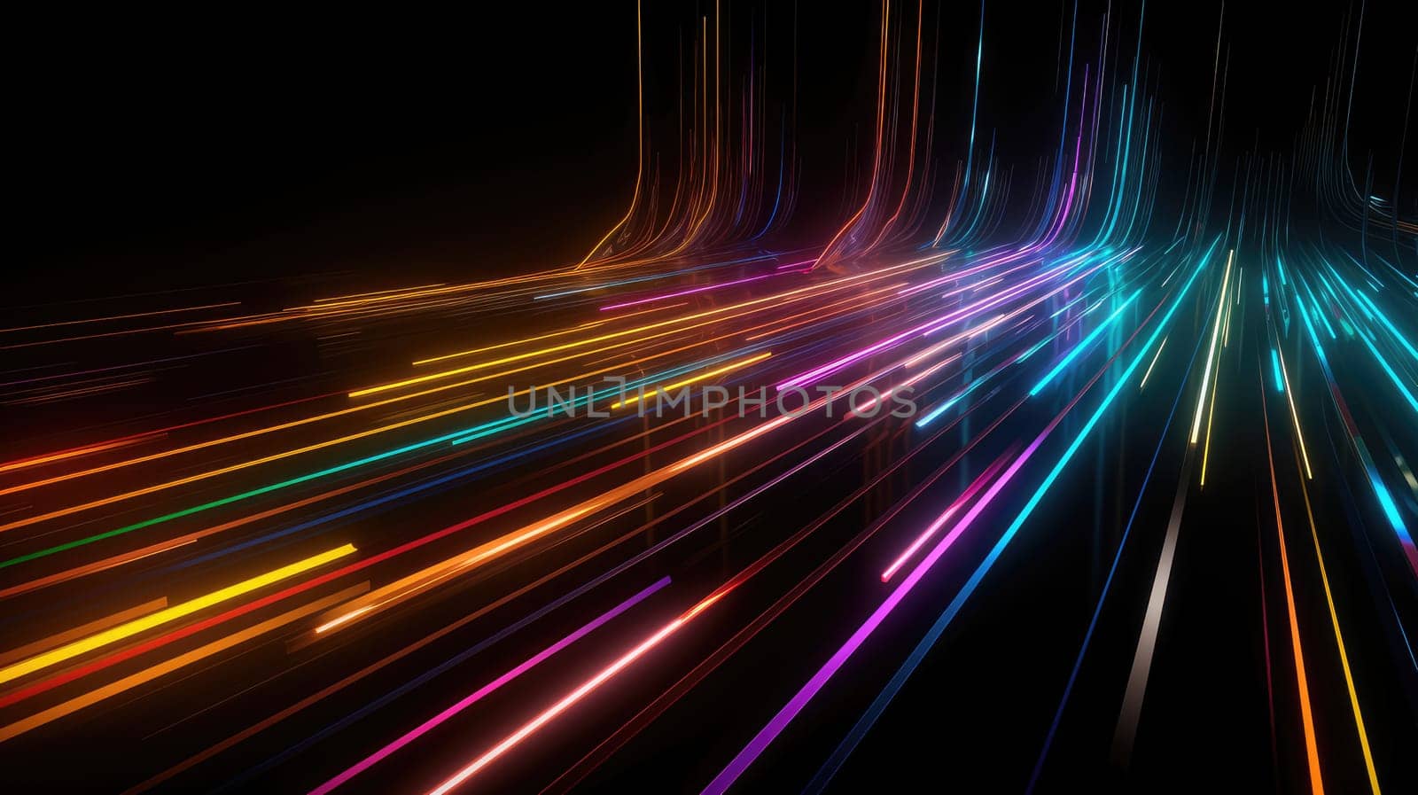 Colorful glossy stripes and neon lights abstract background. Generative AI design