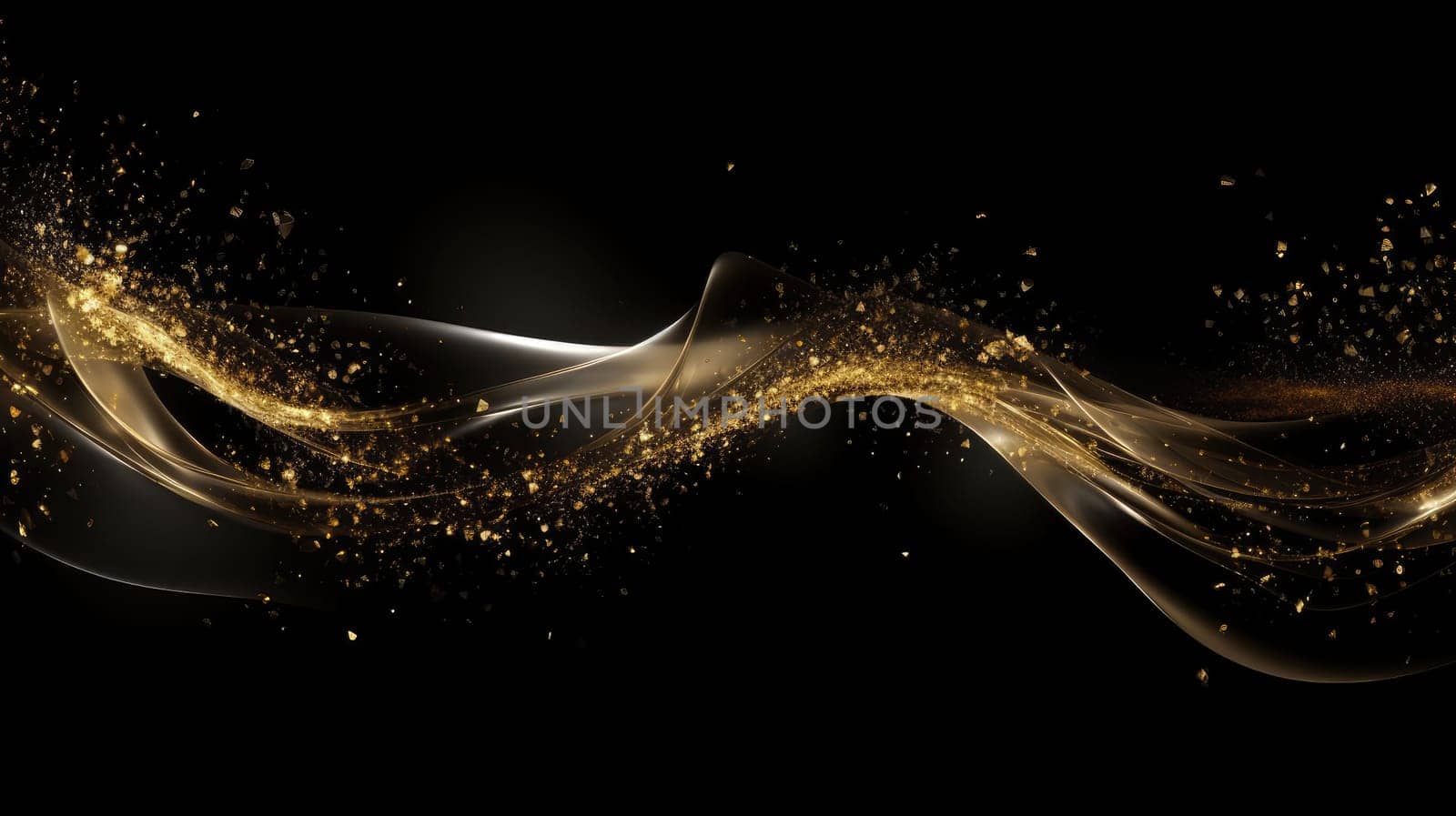Golden shiny waves and glitter particles abstract background. Generative AI design