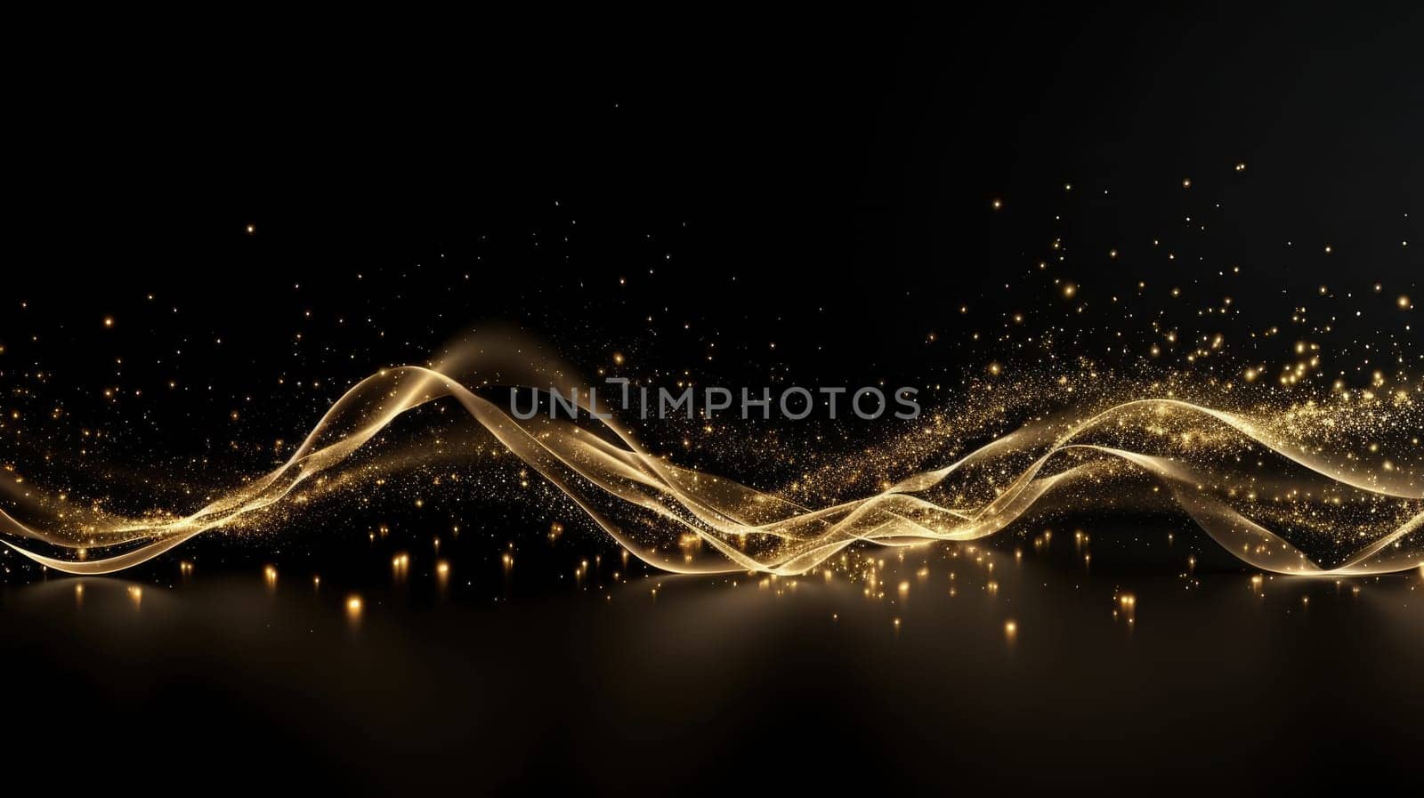 Golden shiny waves and glitter particles abstract background. Generative AI design