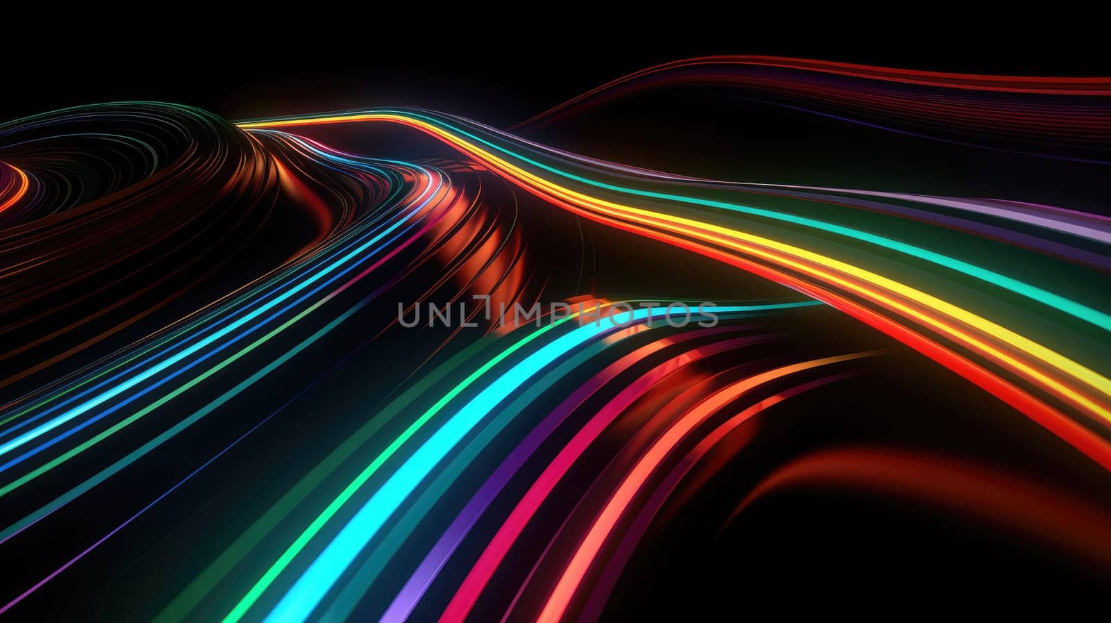 Colorful glossy stripes and neon lights abstract background. Generative AI design