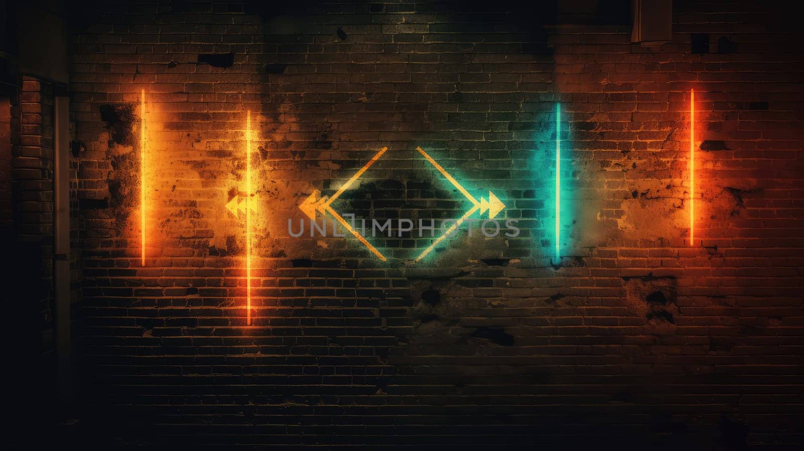 Neon arrows and lines on brick wall. Generative AI technology