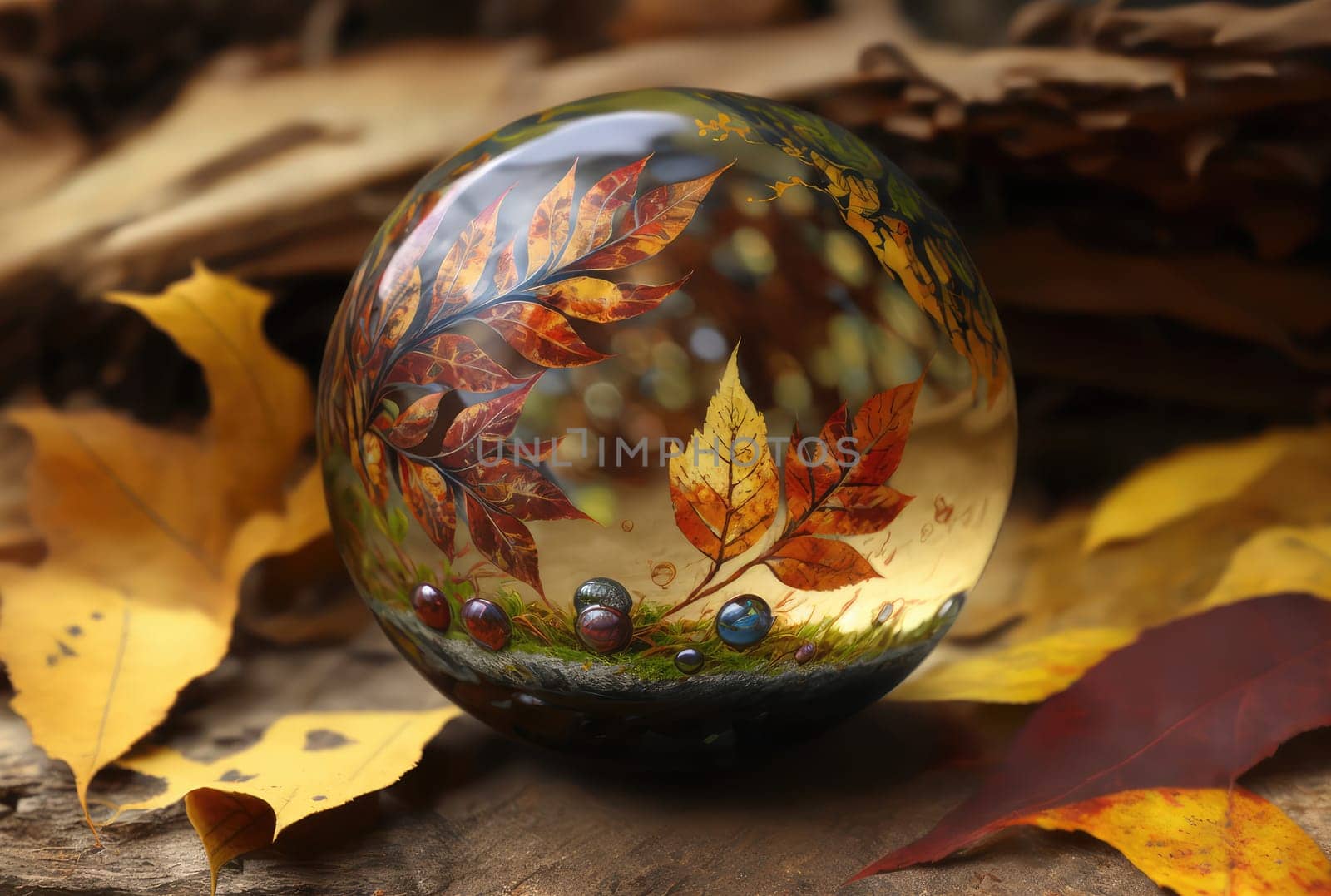 Autumn leaves abstract background with glass sphere. Generative AI design