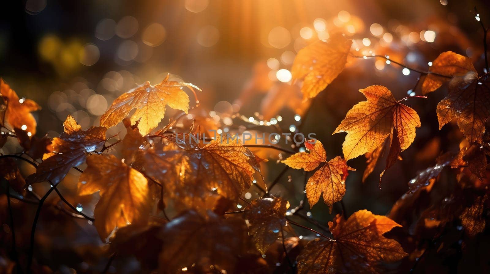 Golden orange autumn leaves with sparkling drops. Generative AI design