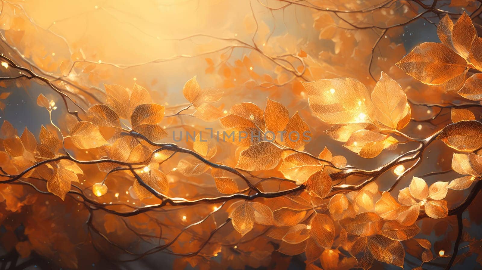 Golden orange autumn leaves. Generative AI design