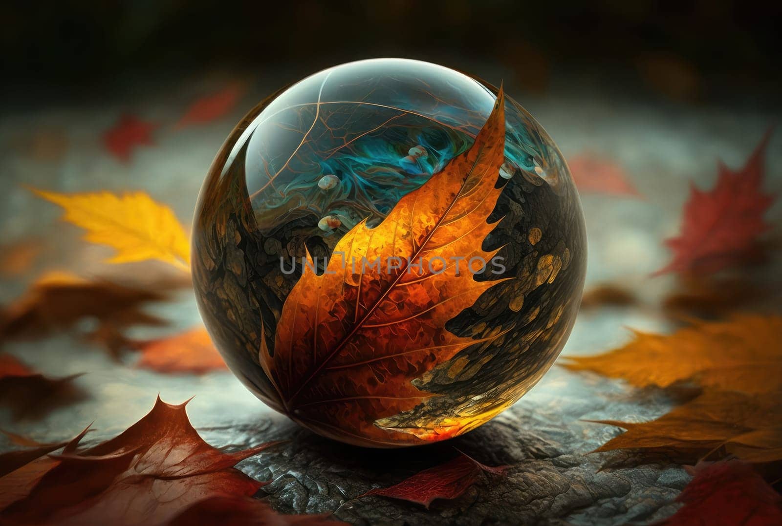 Autumn leaves abstract background with glass sphere. Generative AI design