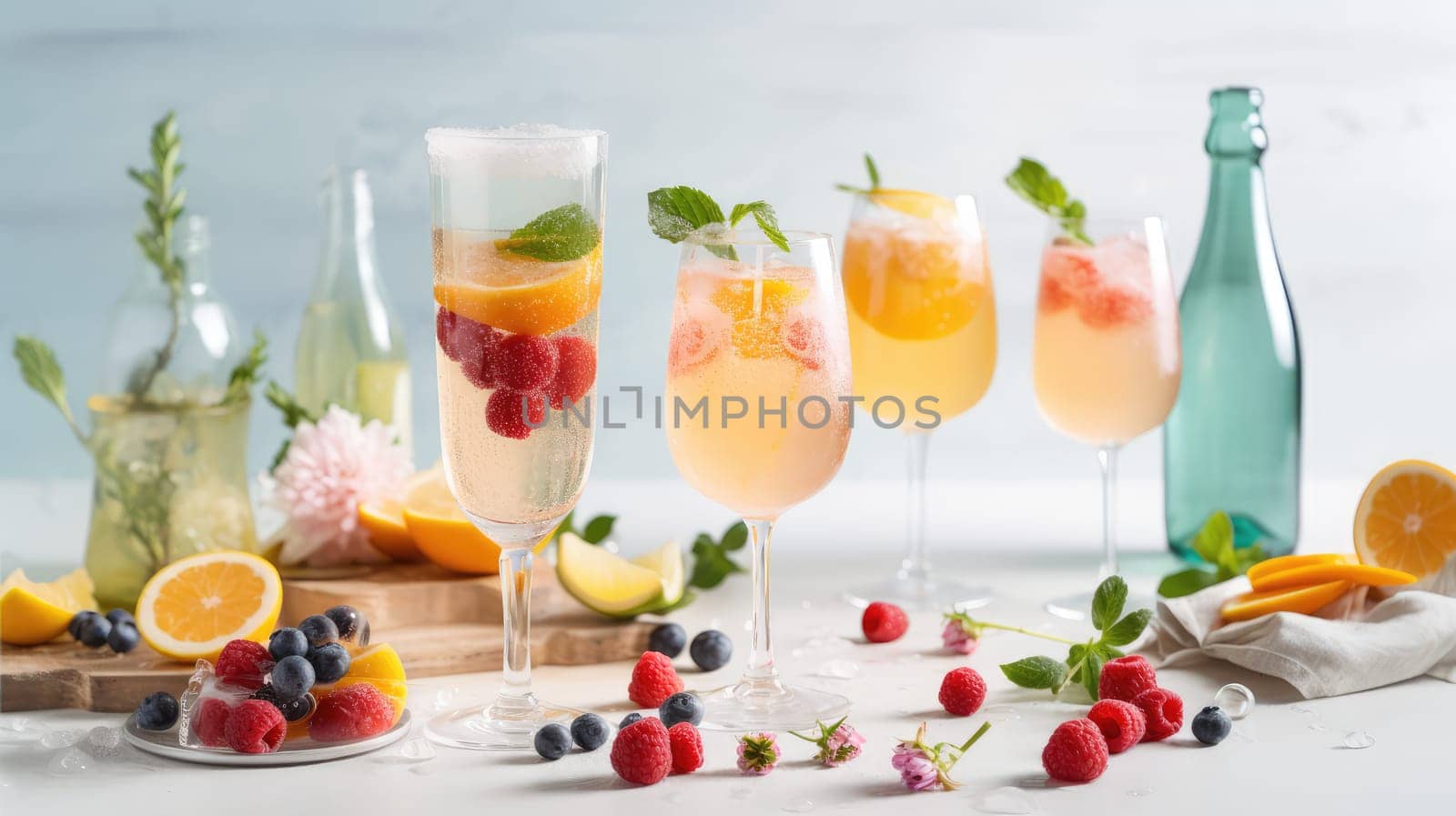 Drinks in glasses, berries and fruits on the table. Generative AI design