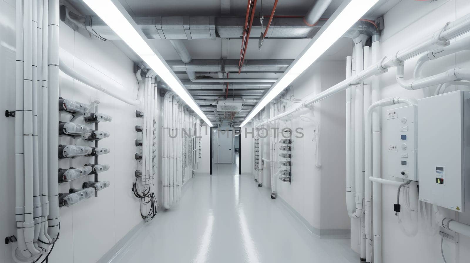 A corridor with white walls and pipes on the ceiling. Generative AI design