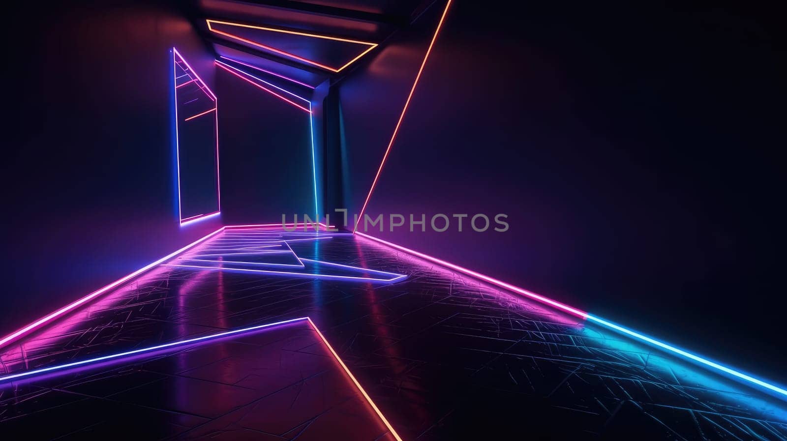 Room with blue ultraviolet neon lighting. Generative AI design