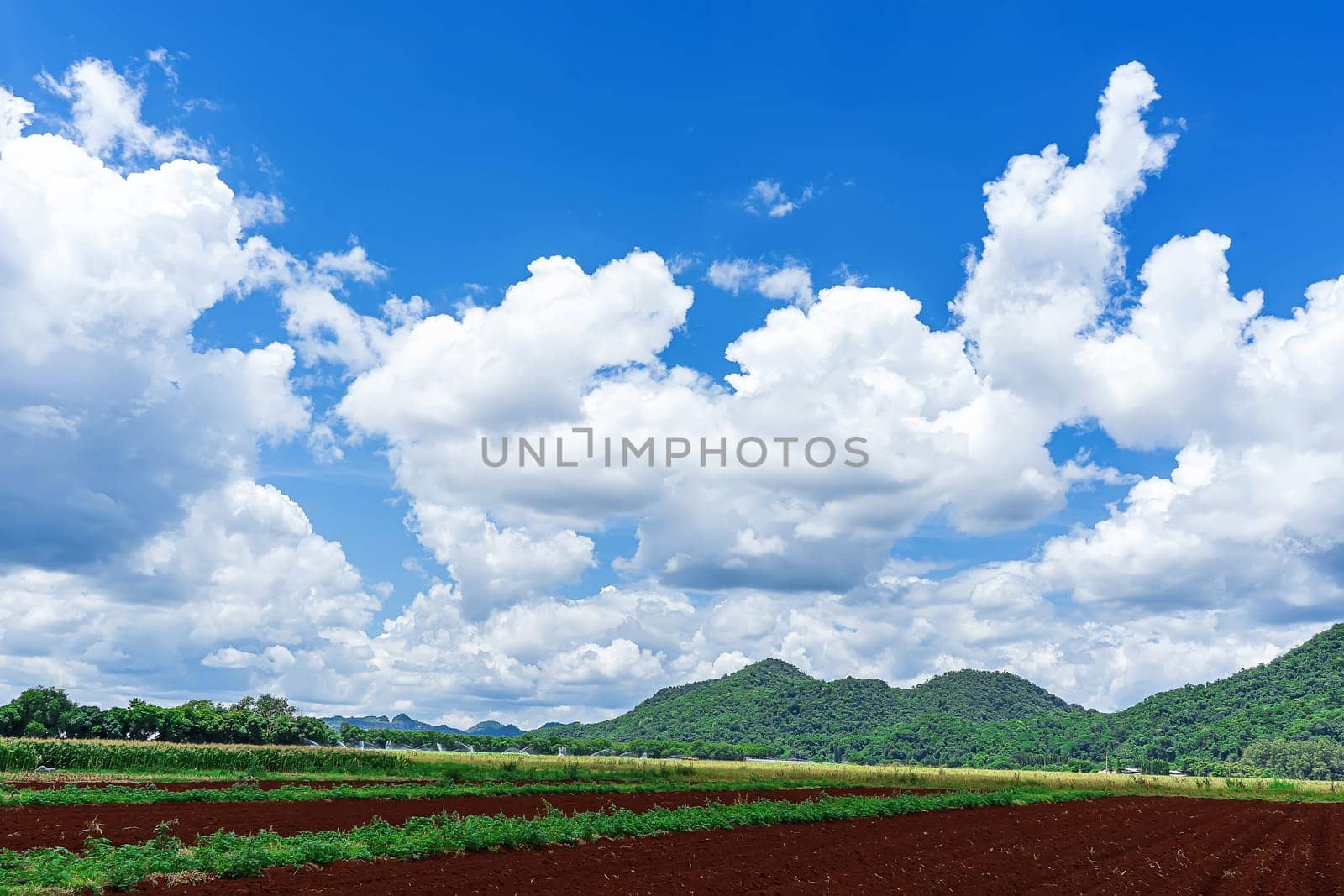 Good atmosphere, forests, mountains and blue cloudy sky are landscape in Thailand.