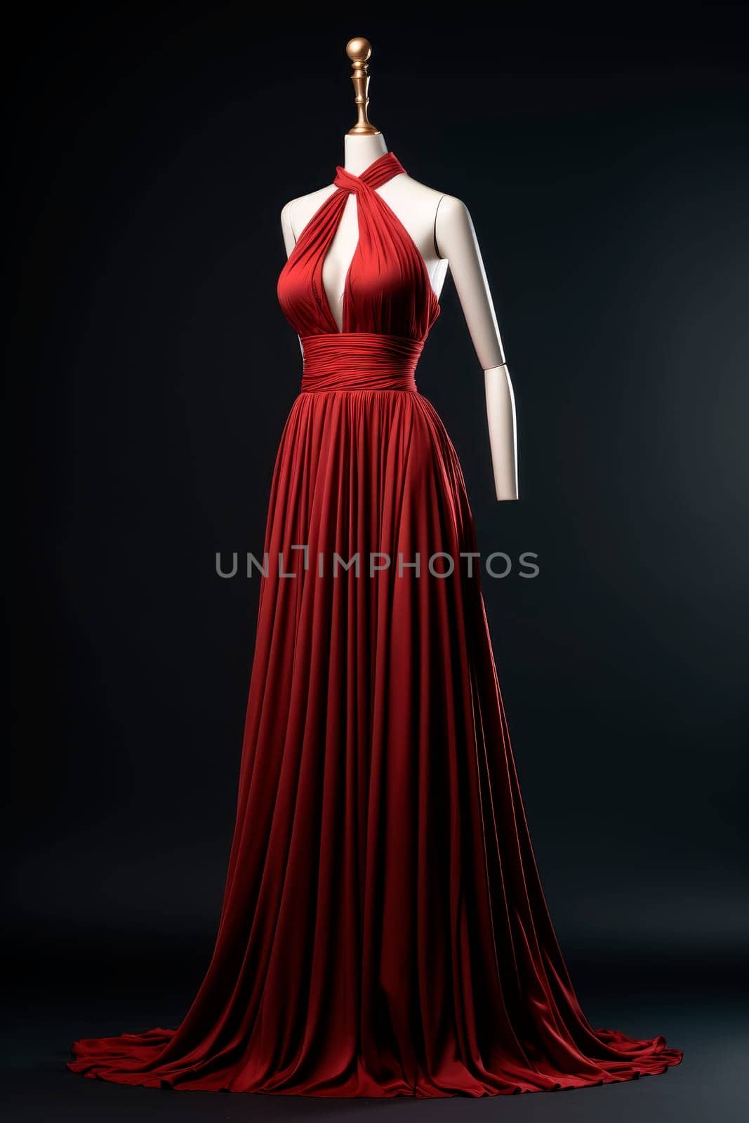 Fashion long red dress on a mannequin in a tailoring room . AI generated