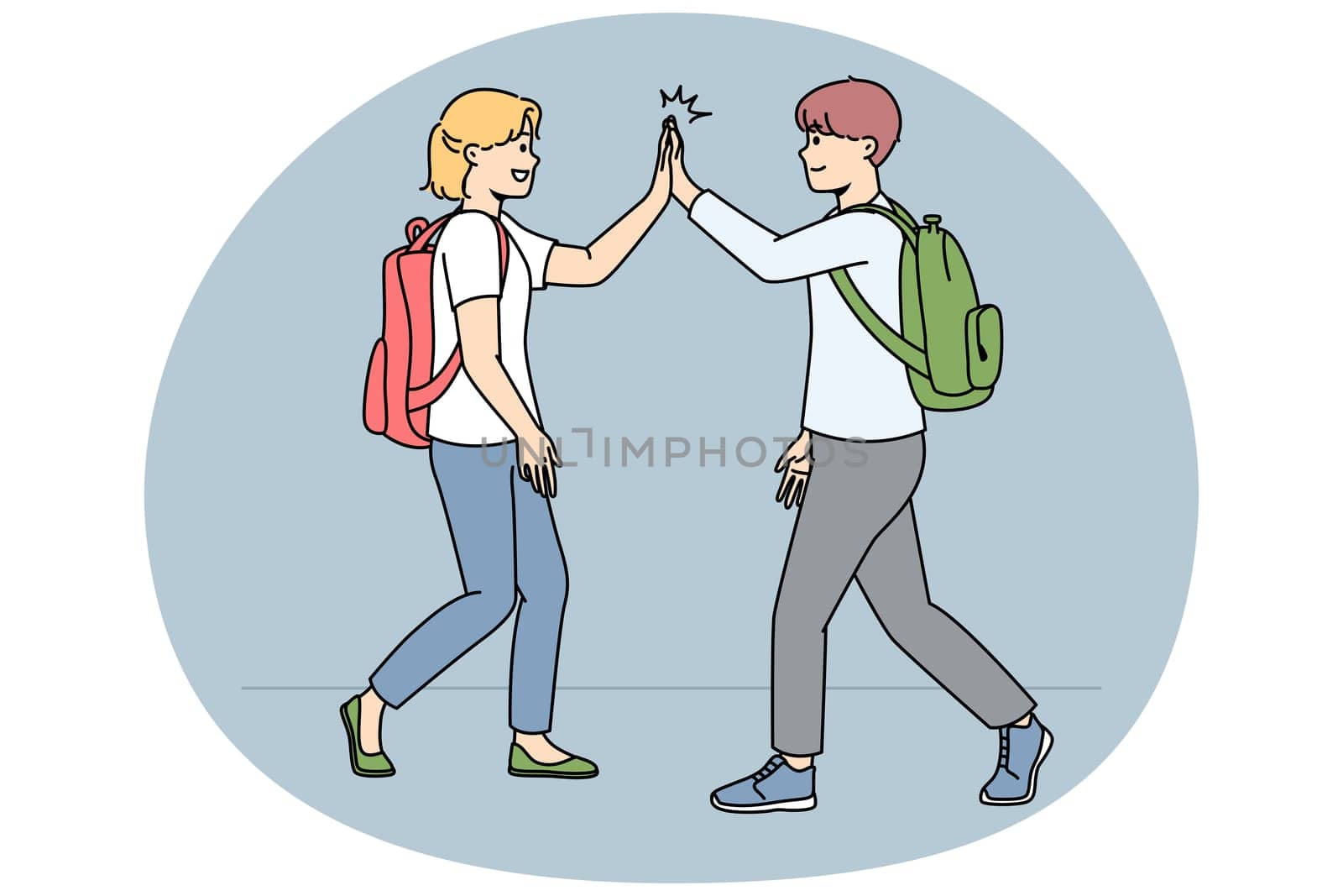 Smiling schoolchildren walking outdoors give high five. Happy friends greeting using non-verbal communication. Vector illustration.