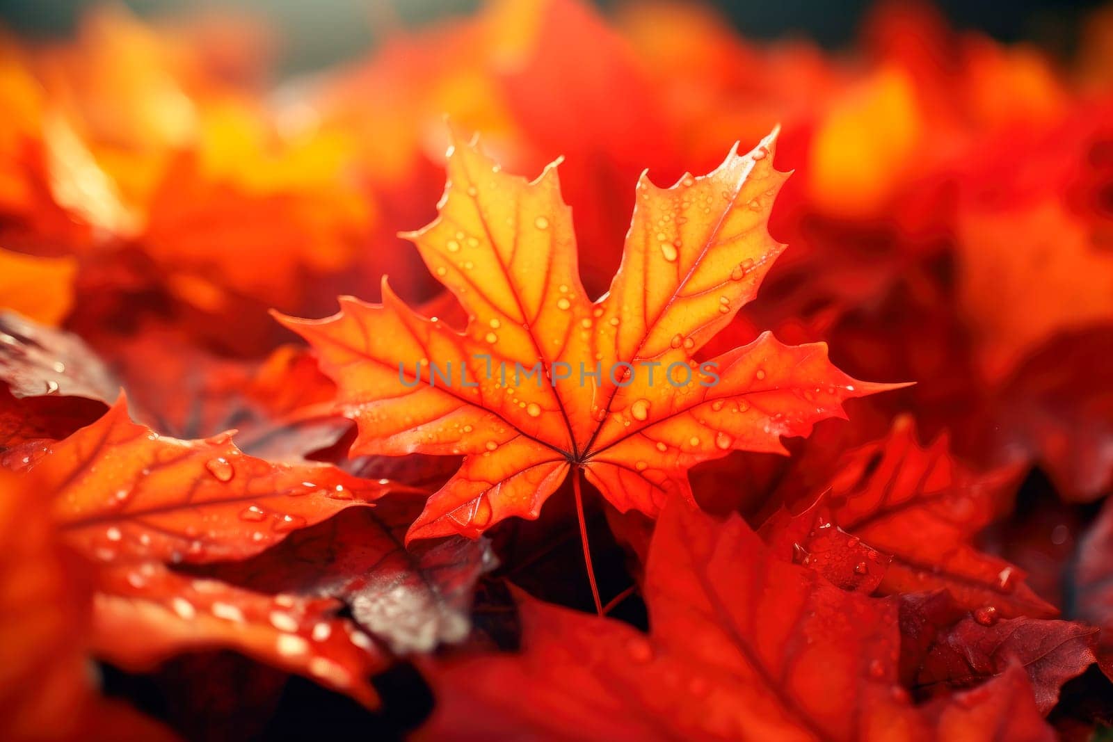 Close-up of a red maple leaf in the bright rays of the autumn sun. AI generated