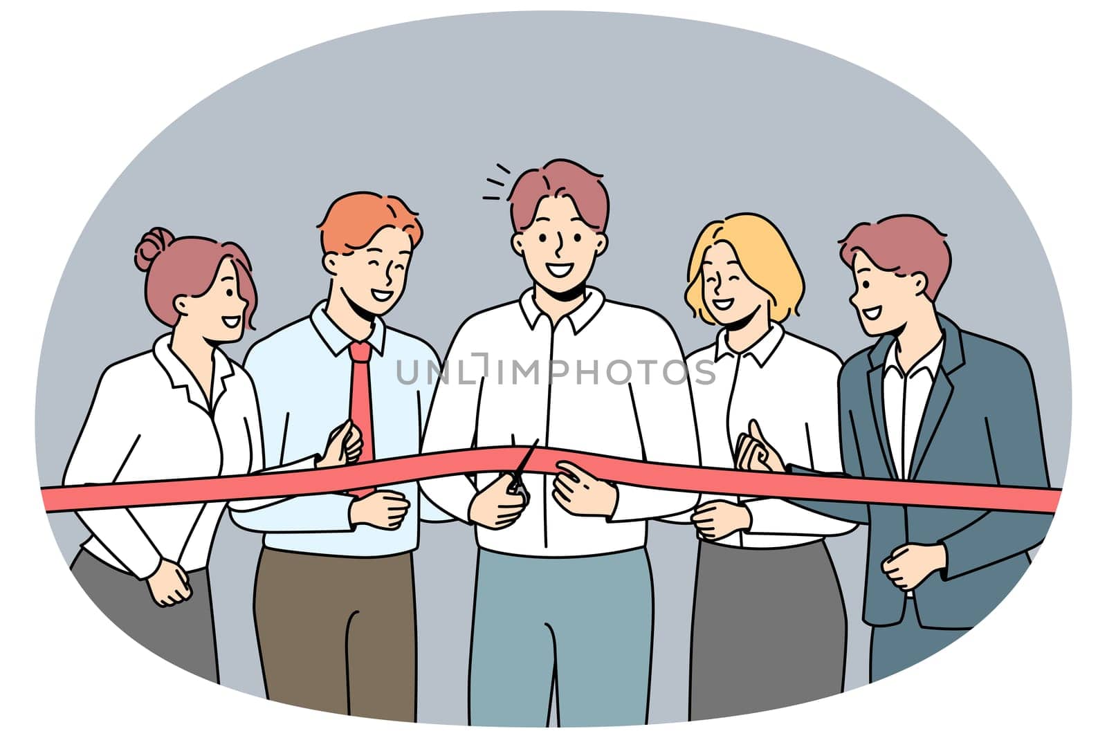 Excited business team cut ribbon open office or enterprise together. Smiling businesspeople at new workplace opening. Successful start. Vector illustration.