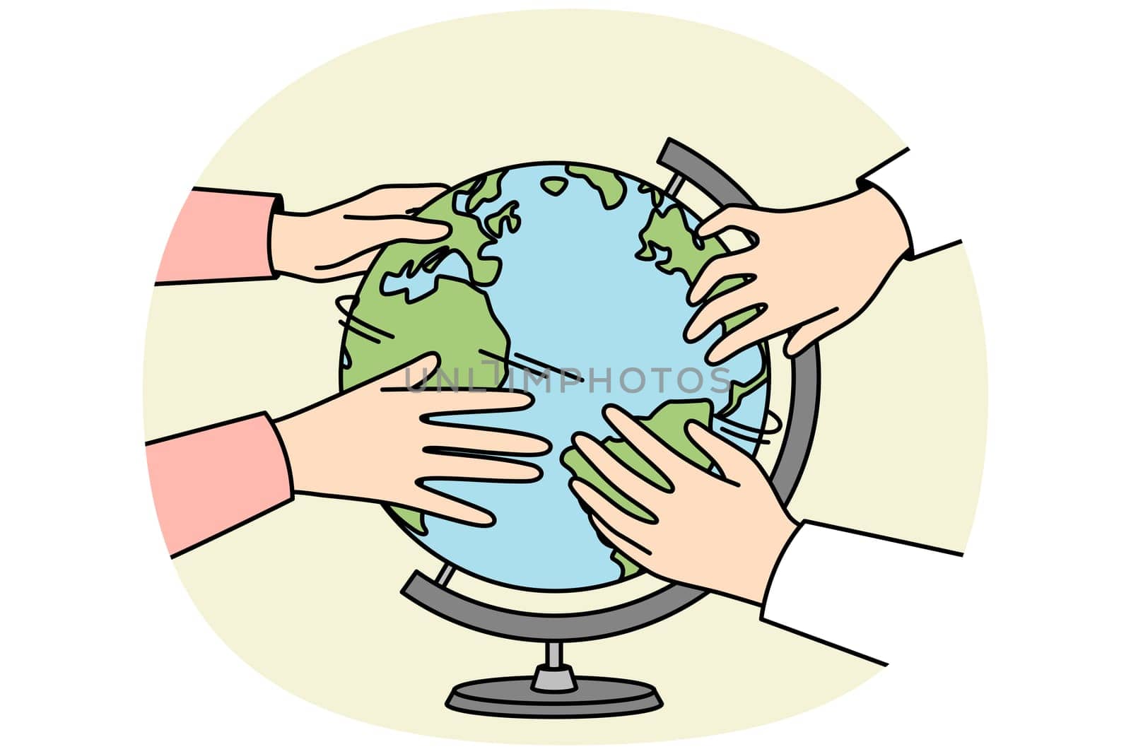 Diverse people touch globe interested in geography. Hands turn planet Earth sphere. Environment conservation and education. Vector illustration.