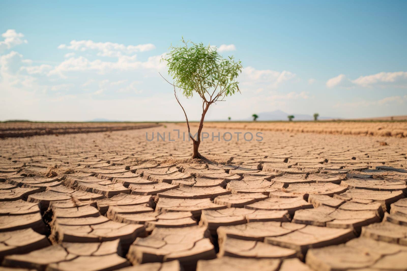 A single tree grows on dry and cracked ground. Desert landscape with a green tree as a metaphor for global warming and climate change. A warning for the need to protect our environment. AI generated