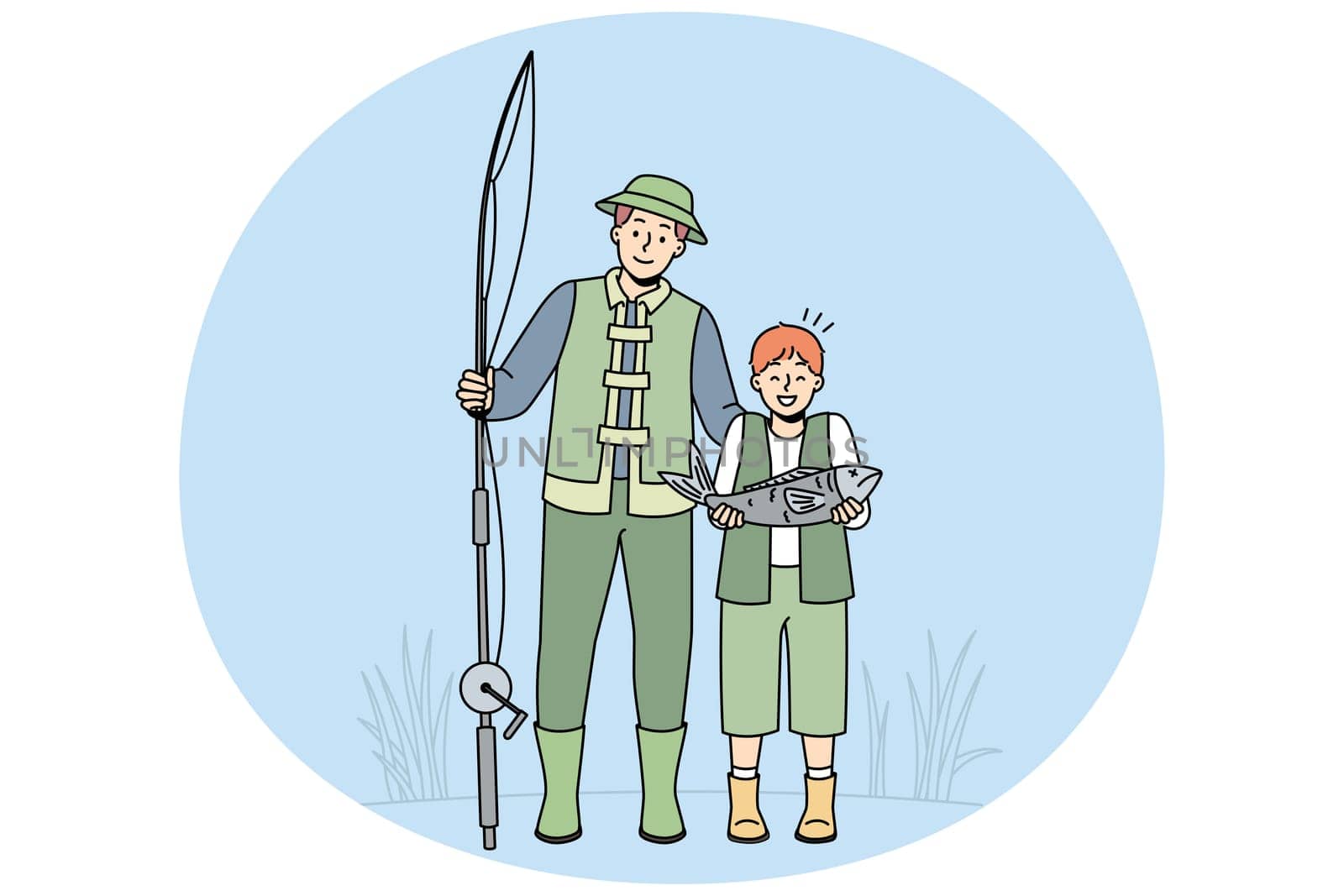 Smiling father and little son in special khaki costumes posing with fish. Happy dad and child excited with catch after fishing together. Hobby. Vector illustration.