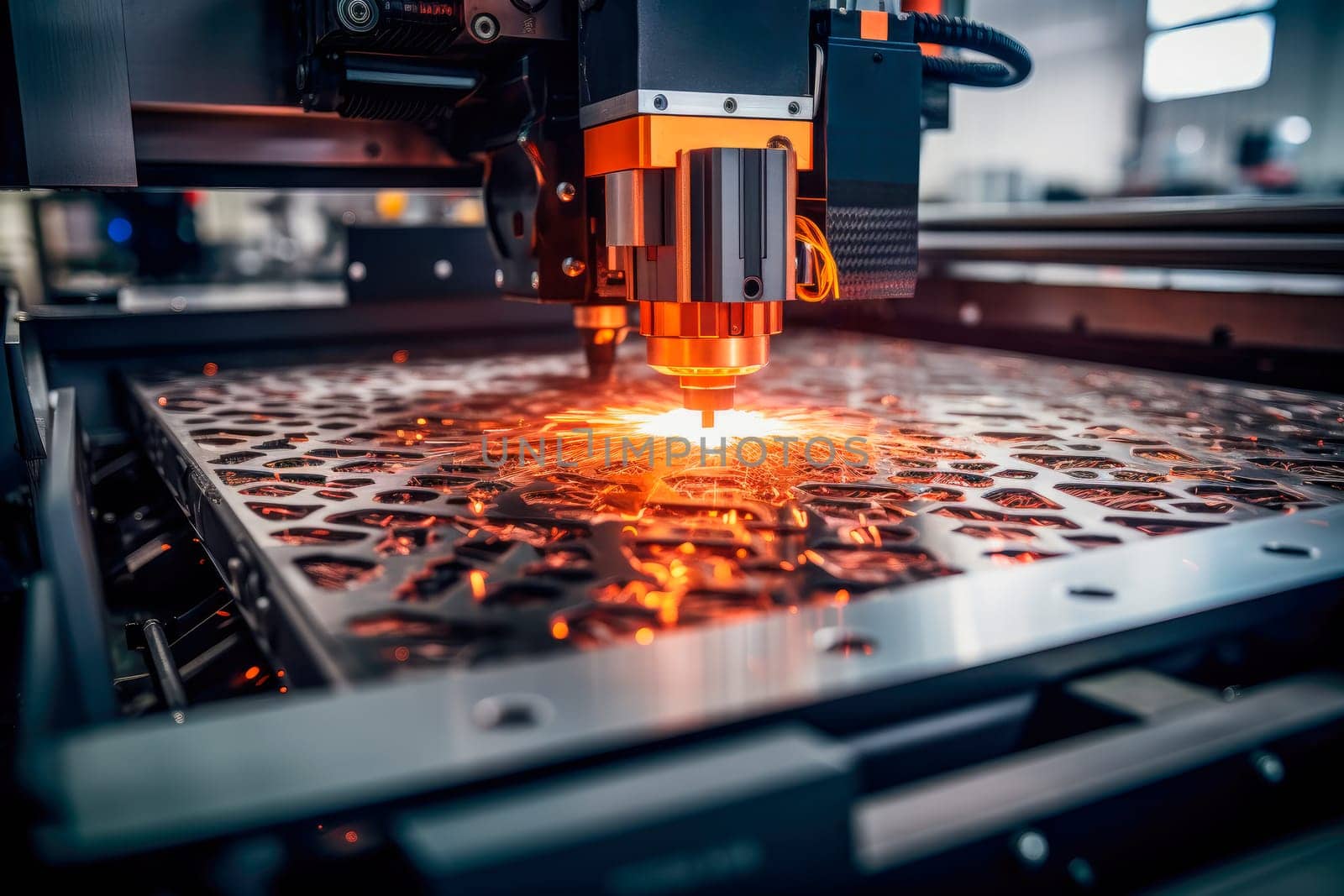 Laser machine cutting of sheet metal. Sparks fly from laser by automatic cutting CNC machine. CNC Laser cutting of metal, modern industrial technology.AI generated