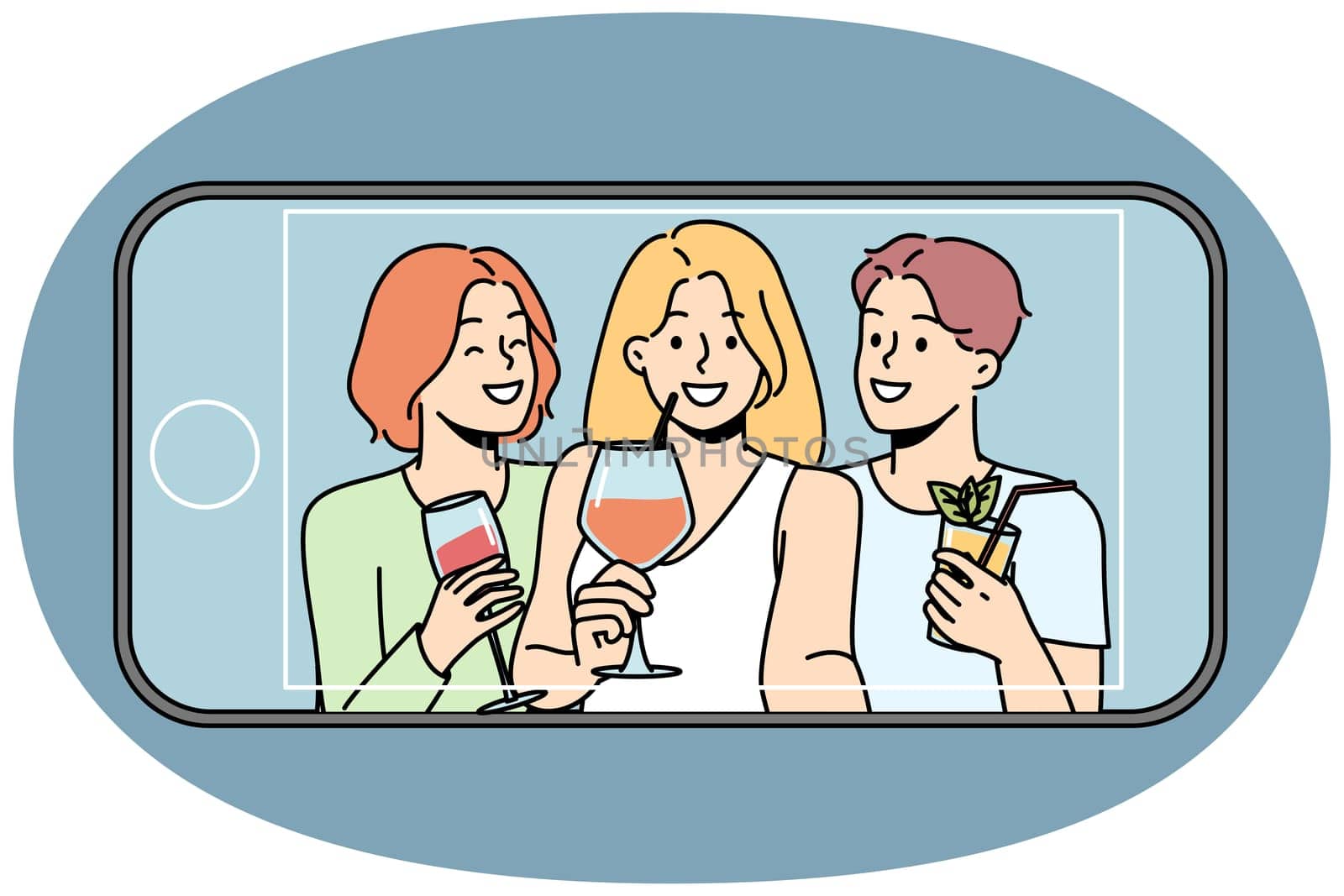 Happy diverse people drink cocktails make selfie on cellphone. Smiling friends enjoy celebration take self-portrait picture on smartphone. Vector illustration.